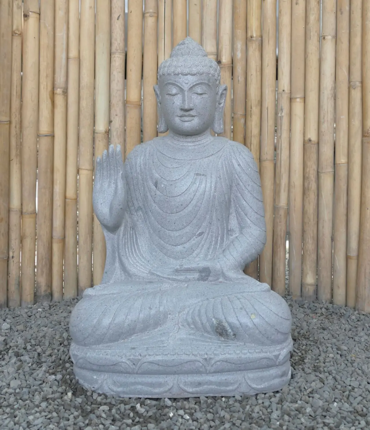  Product image 1 of the product “Seated Buddha made of Riverstone in Abhaya Position - gesture of fearlessness, H. 82cm. ”